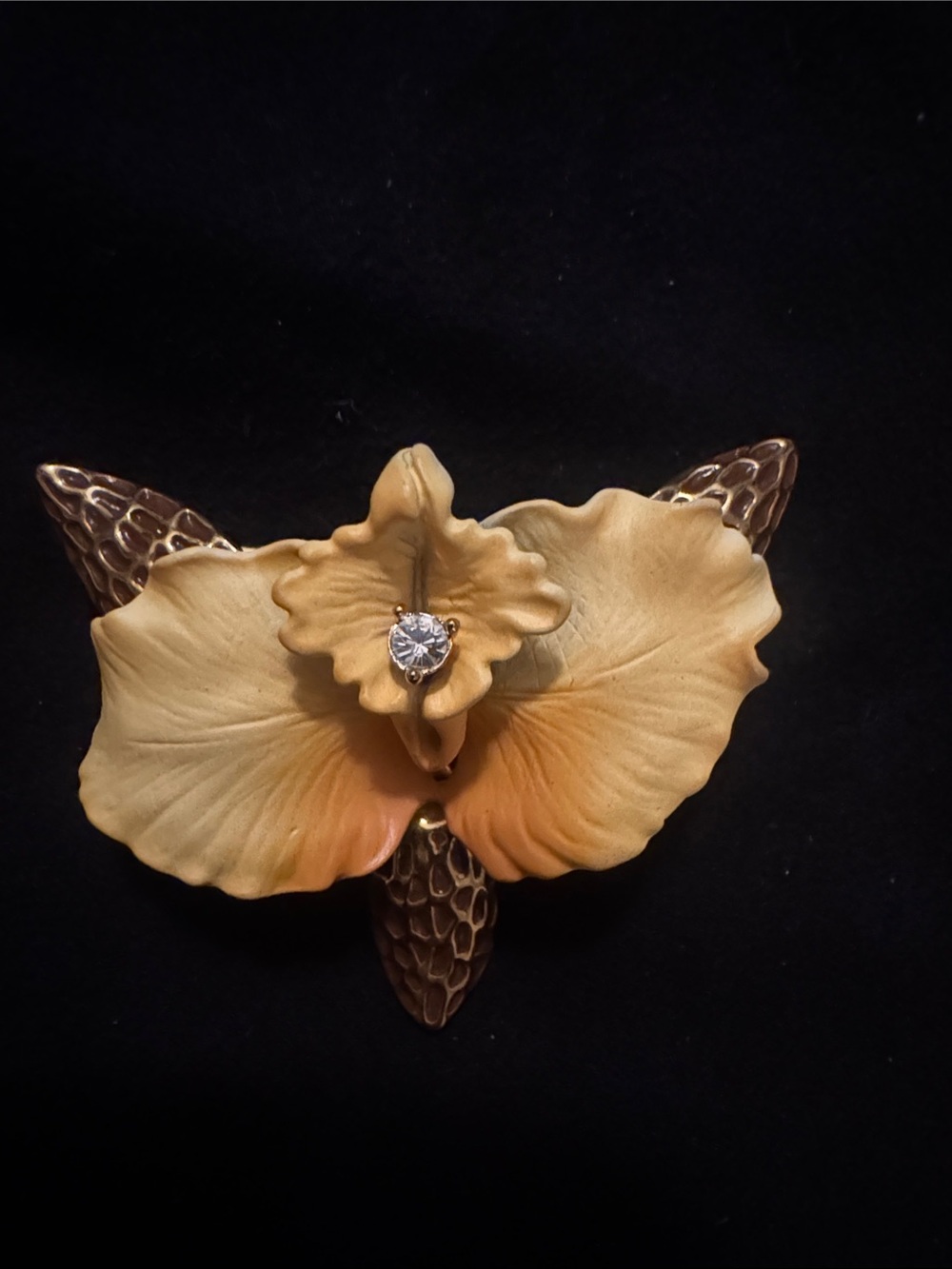 Vintage Signed Joan Rivers Yellow Gold Tone Orchid Brooch